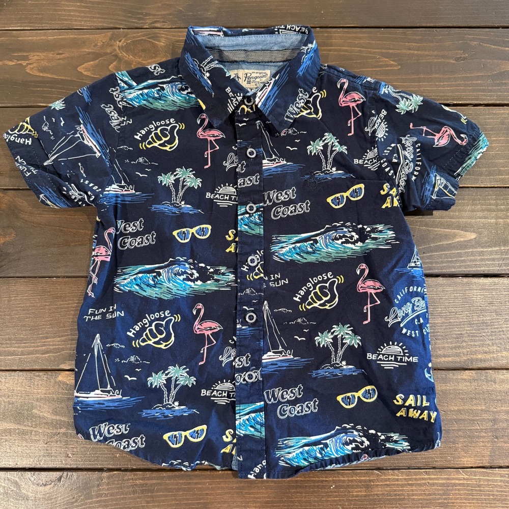 Original Penguin Toddler Boys 3T Navy Tropical Beach Flamingo Button Down Shirt